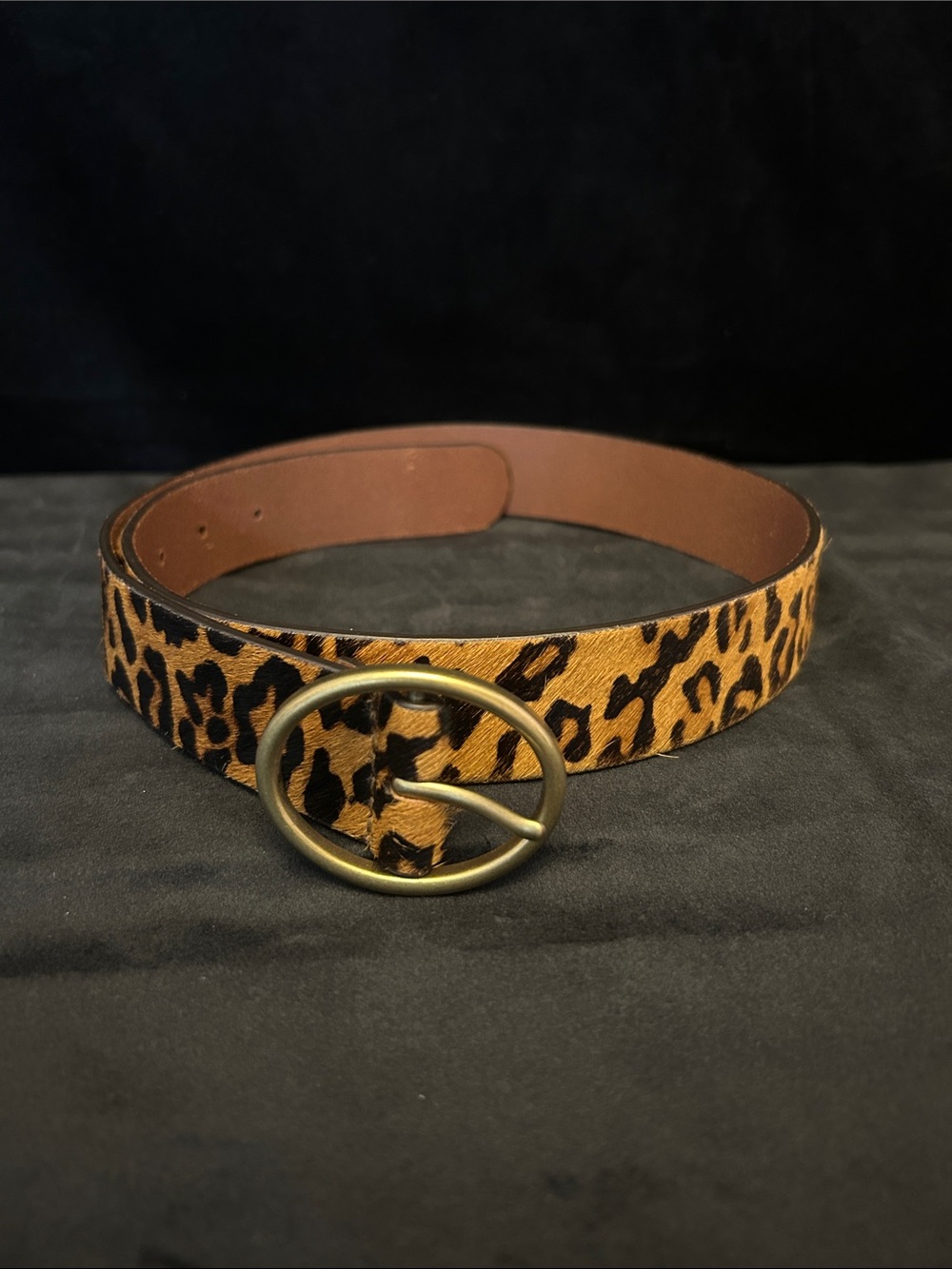 New American Eagle S Leopard Print Women's Belt with Brass Oval Buckle - Brown